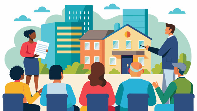 A community center hosts a workshop on the Fair Housing Act with a diverse audience of tenants landlords and real estate professionals learning