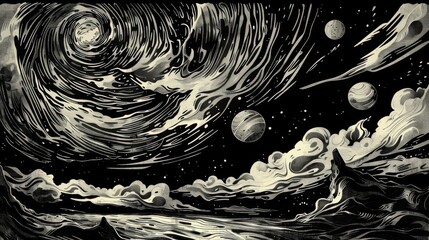 Stars trail in the night sky with planets, comets, and swirling clouds, creating a surreal atmosphere. Expressive dream vision with fog and fairy-tale clouds, reminiscent of full black and white