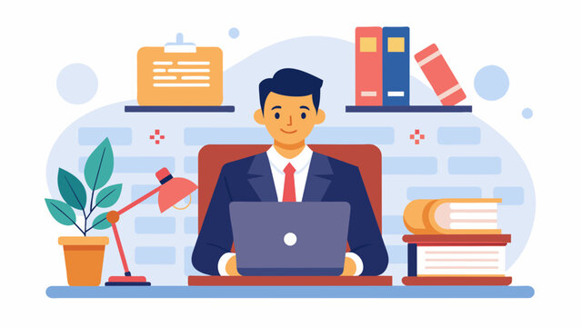 A website landing page with a header image of a lawyer sitting at a desk in a virtual office surrounded by legal books and documents.