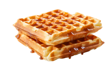 Two golden crispy waffles stacked on top of each other