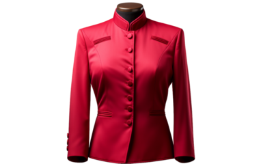 A stunning womans red jacket with a sleek black collar stands out in a sea of neutral shades