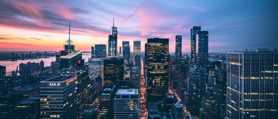 The sprawling New York City skyline bathed in the hues of sunset, with skyscrapers standing tall against the fading light.