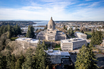 Aerial view overlooking the Washington State capitol.