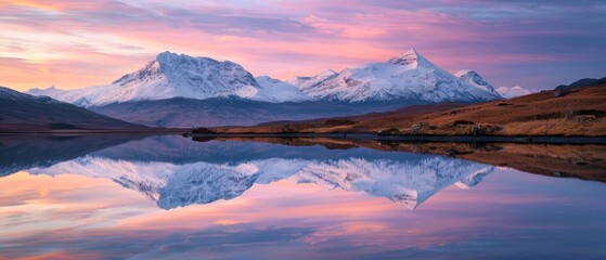 A tranquil sunset casting a soft alpine glow on a majestic mountain range, with reflections spreading across the still waters of a highland lake. - obrazy, fototapety, plakaty