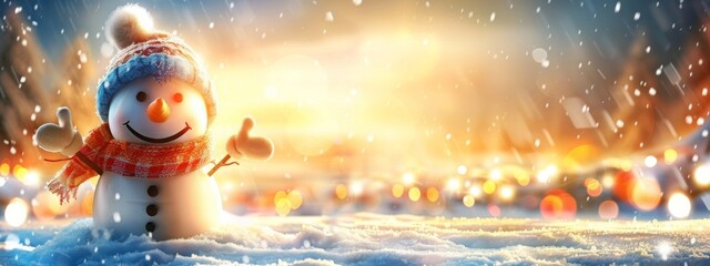 Winter holiday christmas background banner - Closeup of cute funny laughing snowman with wool hat and scarf, on snowy snow snowscape with bokeh lights, illuminated by the sun - obrazy, fototapety, plakaty