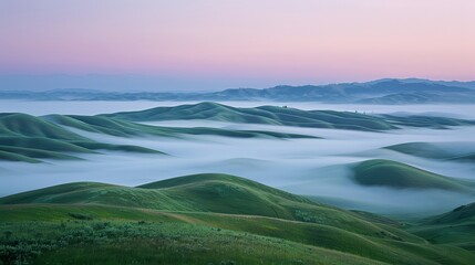 Coastal hills peek through a flowing sea of fog under the warm light of dawn, creating a surreal and dynamic landscape.