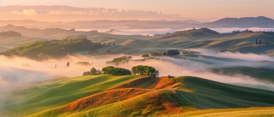 Undulating hills shrouded in mist under a pastel dawn sky create a tranquil and dreamy landscape. - obrazy, fototapety, plakaty