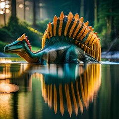 Dino Delight: Toy Dinosaur Lounging in Water Facing Away