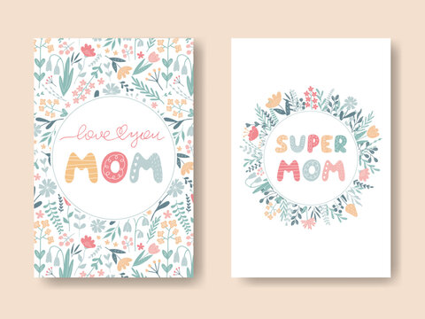 Mother's Day cute background set. Colorful Floral circle Frames with wishes for mom. Template for design greeting card, invitation, flyer, sale poster, banner