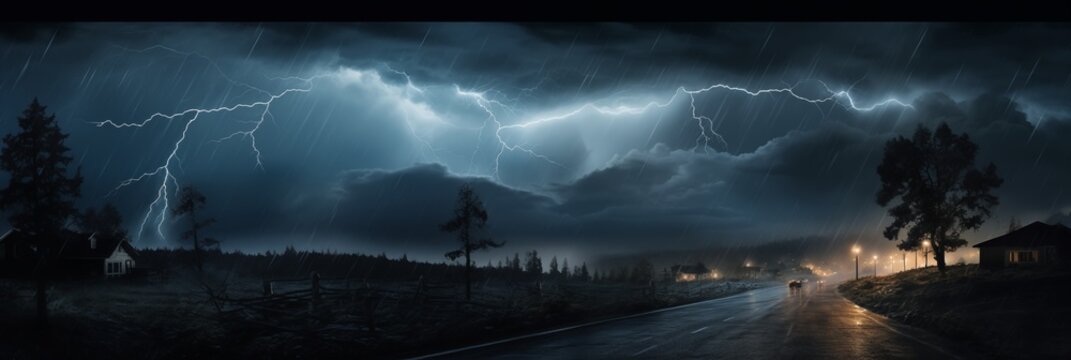 Country road at thunderstorm. Summer night landscape with roadway at bad weather.
