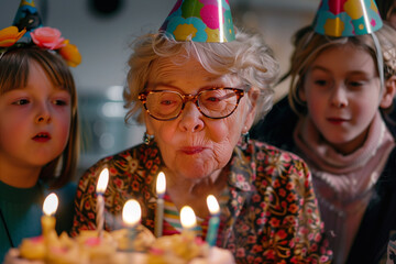 Senior woman blowing candles on her cake for birthday celebration at a house at a party with friends. Smile, happy and elderly female person with a dessert to celebrate 