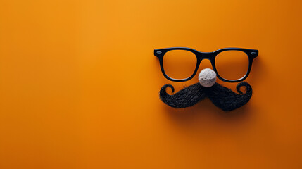 Overhead glasses nose and mustache for April 1 April Fool's Day, on orange background, 1st April Fool's Day! Mustache overhead glasses, April 1, joke, Generative AI  - obrazy, fototapety, plakaty
