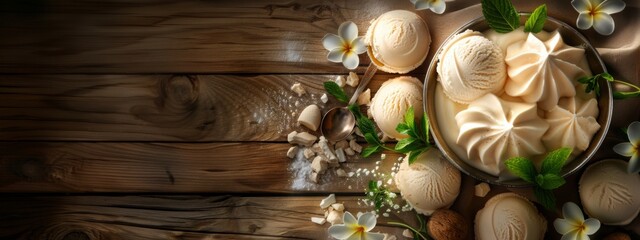 banner with vanilla ice cream on a wood table. For product mockup, scene creator, and text background. Copy space