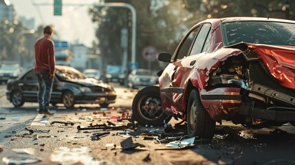 Two cars have crashed wrecked into each other at intersection with very upset man driver looking at the severe damage with wrong way sign in background. - obrazy, fototapety, plakaty