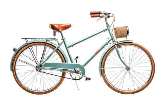 A blue bicycle with a brown seat resting on a white background