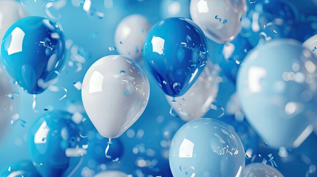 3D Render of Blue and White Balloons Background Design.