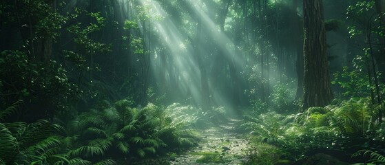 Morning light cascades into a forest glade, highlighting a dreamy path and the vibrant, mist-laden air among the trees. - obrazy, fototapety, plakaty