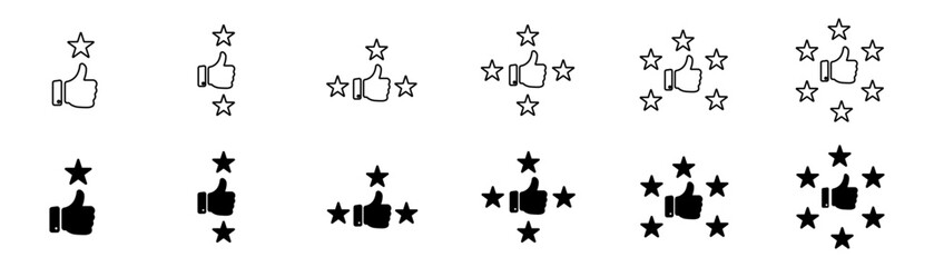 Value rank icons set. Hand husky, liked under black stars symbol of success concept. Meaning, collection of vector rank badges in the form of Black stars