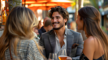 Smiling businessman interacting with colleagues at an outdoor networking event. Casual corporate socializing. Professional relationship and communication concept for banner and card. Candid style