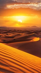 A breathtaking panorama of the desert at sunset, with the sun dipping below rolling sand dunes under a fiery sky..