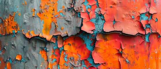 A vibrant abstract of peeling paint in rust and turquoise hues, showcasing the intriguing textures of decay and the passage of time..