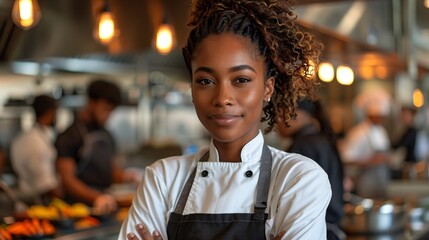 A confident female chef in professional kitchen attire with curly hair standing in a busy restaurant