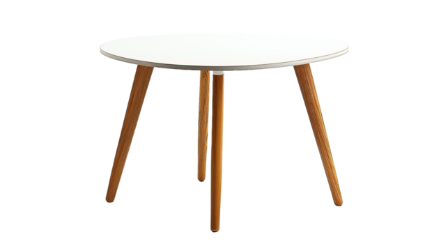 White table with wooden legs isolated on white or transparent background