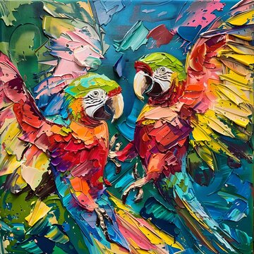Vibrant Parrots in Bold Brush Strokes. An Explosive Color Palette Captures Wildlife Energy. Perfect for Modern Decor, Digital Printing on Canvas. AI