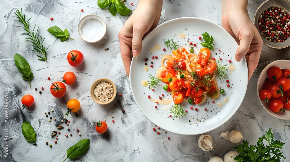 Poster Fresh garden salad plate held in hands over a styled tabletop. Healthy eating concept with organic ingredients. Simple and natural food styling. AI