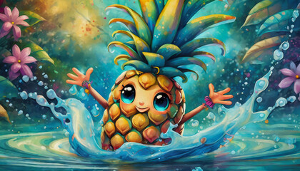 oil painting style cartoon character pineapple in water splash 