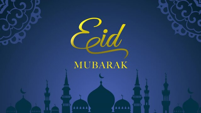 Eid Mubarak greeting video, Eid Al-Fitr animation drawing text with gold glitter. Animation drawing text Eid Mubarak with mosque background