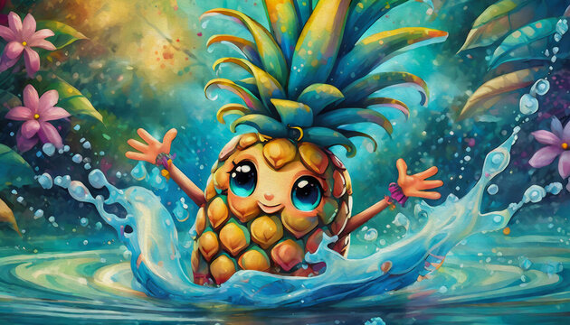 oil painting style cartoon character pineapple in water splash 