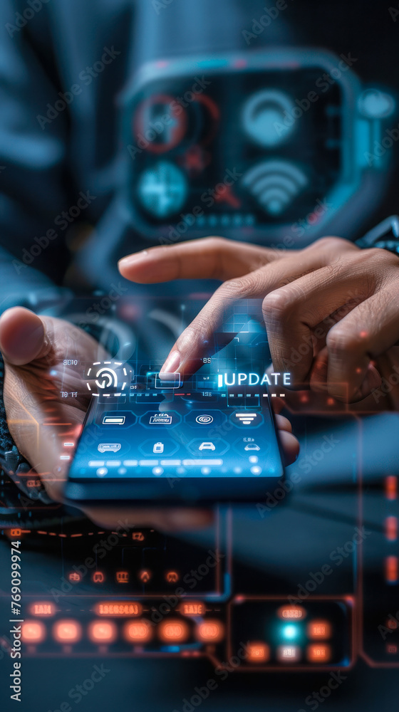 Poster individual interacting with smartphone during software update process displayed through augmented re