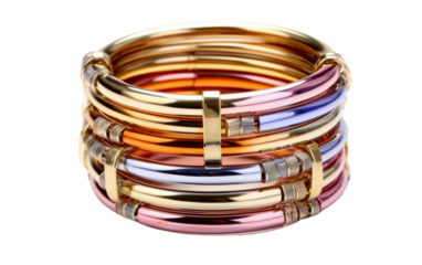 A vibrant stack of multicolored bracelets displayed on a pristine white background