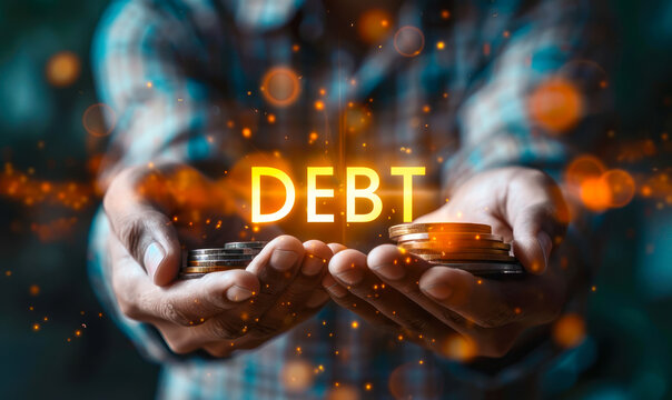 A person holds a bag with a dollar sign, representing the burden and concept of debt, while the word DEBT is displayed prominently, symbolizing the financial obligations and challenges many face
