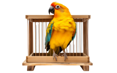 A yellow and green bird perched gracefully on top of a cage