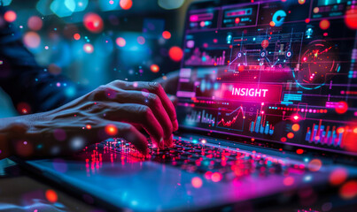 Business professional accessing insightful data analytics and key performance metrics through a futuristic digital interface, enabling informed decision-making and strategic planning