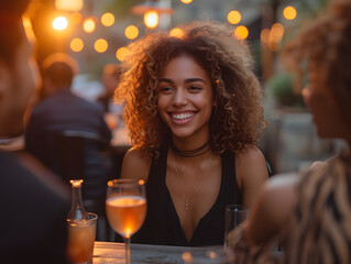 Cheerful young woman enjoying a conversation at a twilight patio social. Casual meetup and friendship concept. Design for lifestyle blog, social gathering promotion