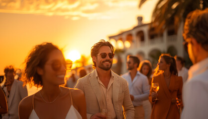 Sunset social at a luxury resort with guests enjoying. Elegant lifestyle and travel concept. Design for travel brochure, luxury resort marketing - obrazy, fototapety, plakaty