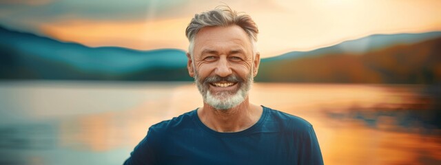 Man in his 50s who exudes happiness and a sense of feeling truly alive in a beautiful natural park near a lake, genuine smile on his face, relaxed and confident, male who found joy and contentment - obrazy, fototapety, plakaty
