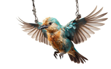 A colorful bird swings gracefully from a hanging chain - obrazy, fototapety, plakaty