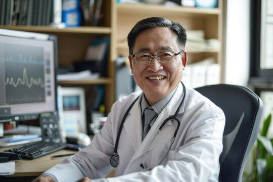 Inspirational image of a Chinese male senior doctor exuding confidence and compassion with a friendly smile. Great for medical advertisements, clinic websites, and healthcare presentations