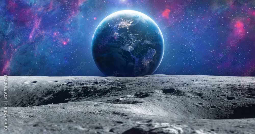 Poster moon surface and earth planet. stars and galaxies in deep space. earth hour at night. bright space. 