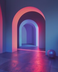 Abstract minimalism, simple geometric shapes in architecture, bright neon colors.