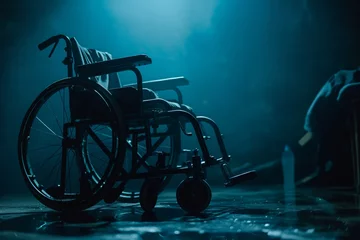 Deurstickers a Wheelchair closeup in a dark room, wheelchair closeup in the dark room, disability concept, wheelchair closeup, a wheelchair in the road, world disability day © MH