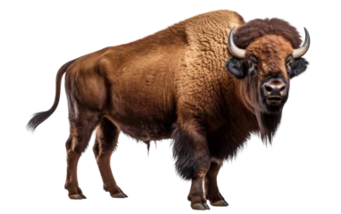 Selbstklebende Fototapeten A powerful bison standing majestically against a stark white background © FMSTUDIO