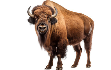 A powerful bison stands confidently before a pure white backdrop, showcasing its imposing presence
