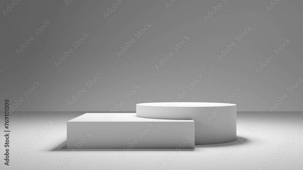 Poster White empty podium cube stage steps and cylindric display on gray backdrop and bright spotlight, white floor abstract forms render background. 3d. abstract geometrical forms background podium table