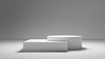 White empty podium cube stage steps and cylindric display on gray backdrop and bright spotlight, white floor abstract forms render background. 3d. abstract geometrical forms background podium table
