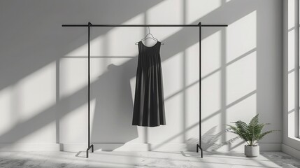 Photograph a unisex dress hanging on a clothes rack, emphasizing the design's simplicity and elegance against a minimalist background